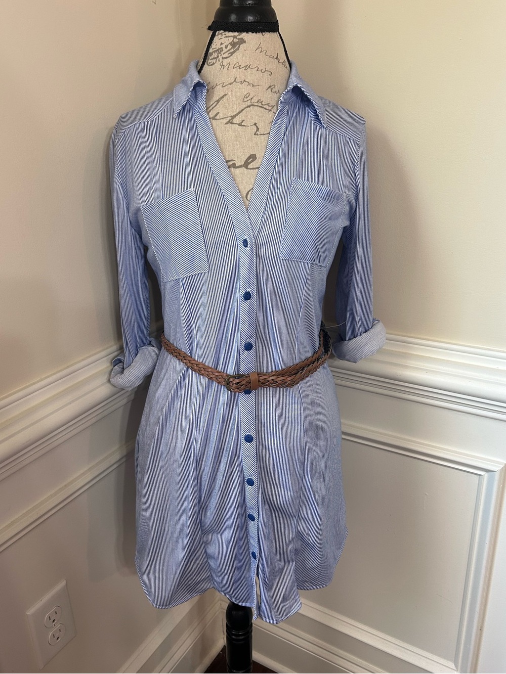 Light Blue Pinstripe Shirt Dress with Braided Tan Belt